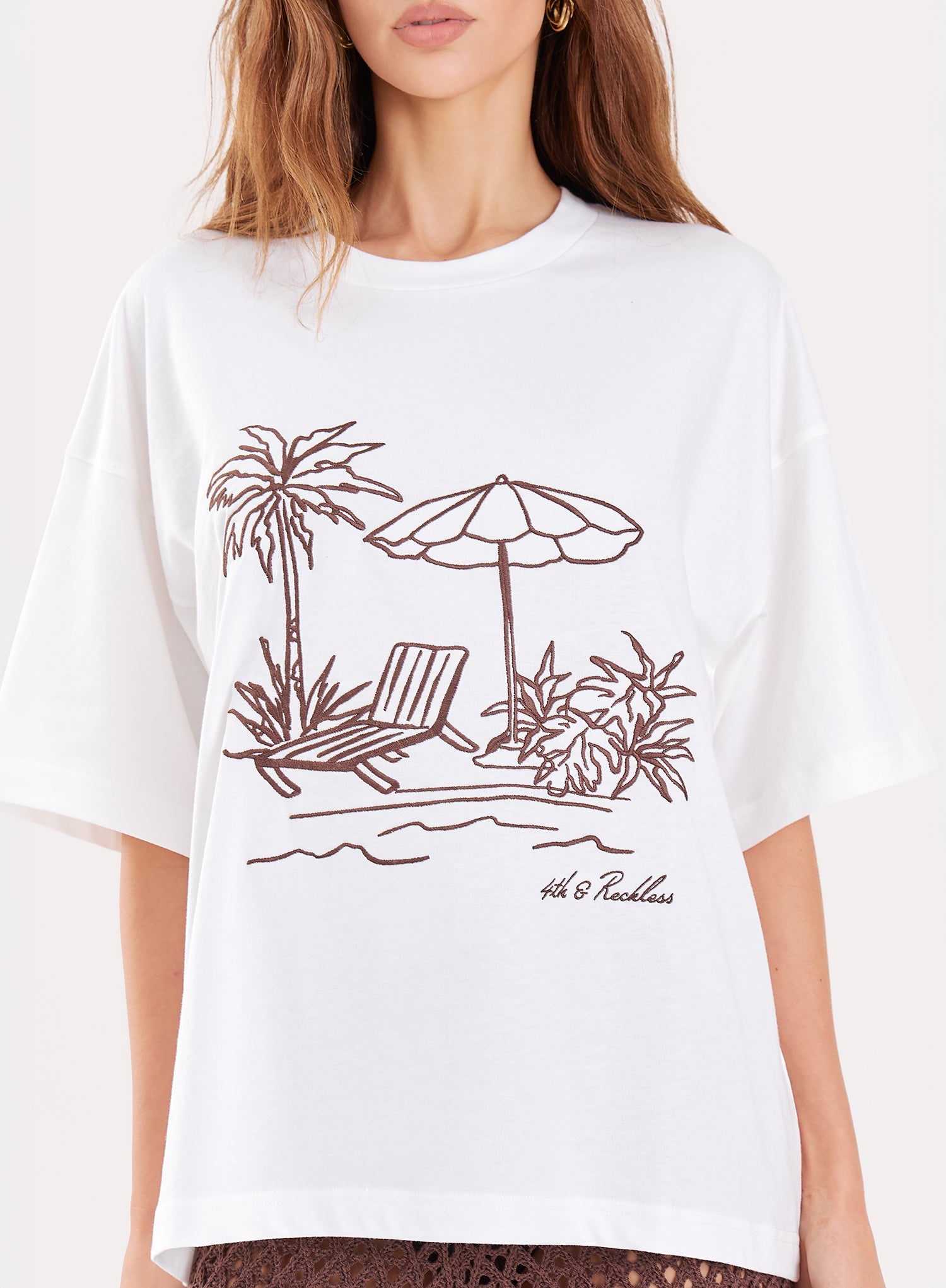 White Beach Embroidered Graphic Cotton T-Shirt